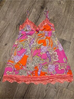 Floral Paisley Pink & Orange Lace-Trim Chemise